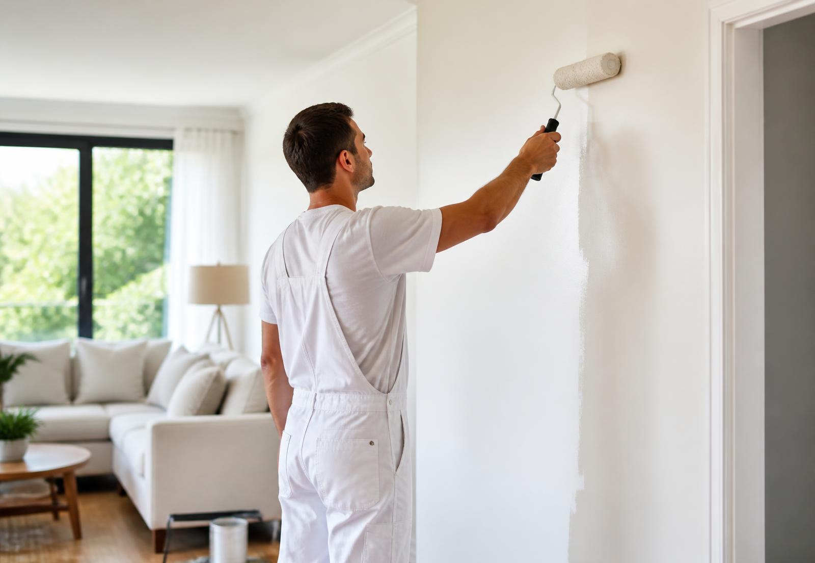 Painter rolling fresh white paint on a living room wall